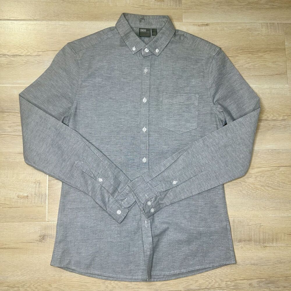 Asos Design Mens Gray shirt Casual Button Down Shirt Long Sleeve Fit Size Small